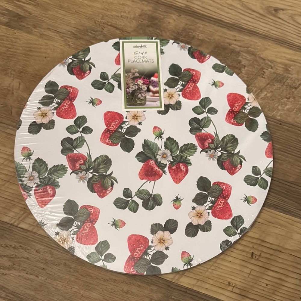 NWT Colordrift set of 4 Strawberry Print Cork Placemats / Chargers 15”